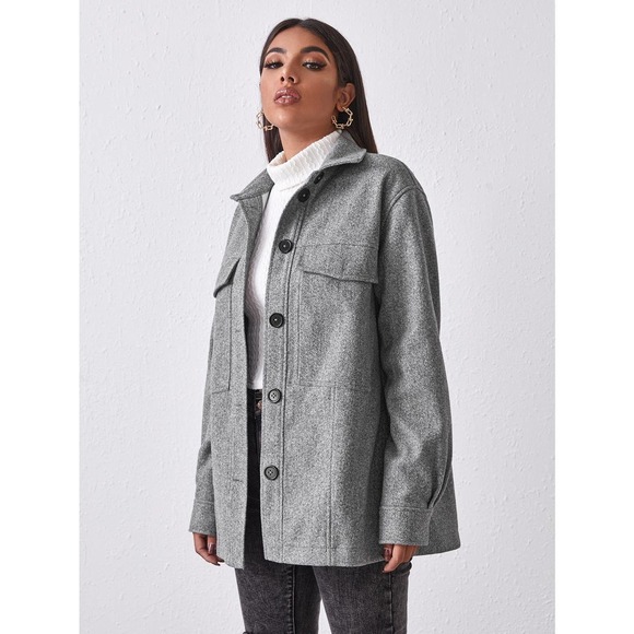 boyfriend shacket oversized Button Front Pocket Patched jacket gray - Picture 4 of 5